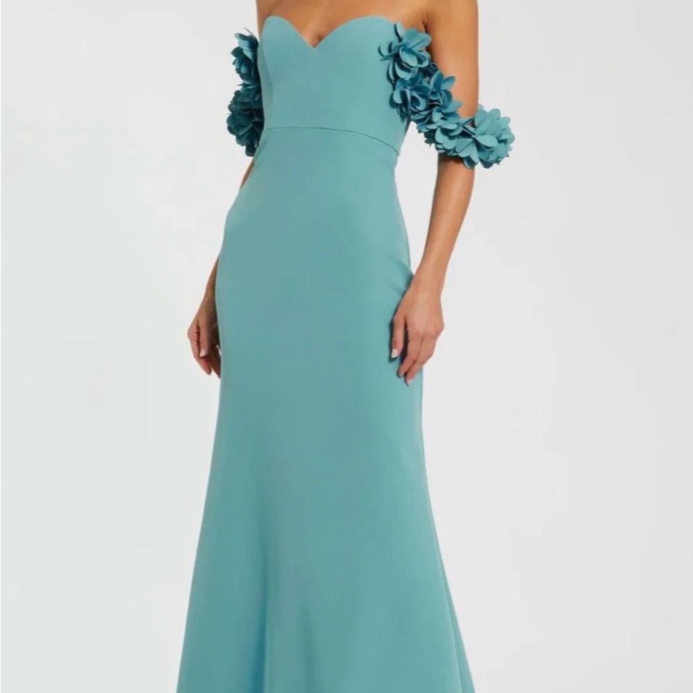 Mac Duggal Teal Blue Crepe Off The Shoulder Gown With 3D Flowers - NWT
